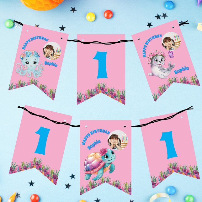 Cute Whimsical Floral Ocean Creatures Girly Photo Bunting (Creator Uploaded)