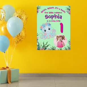 Cute Whimsical Floral Octopus Birthday Welcome  Poster