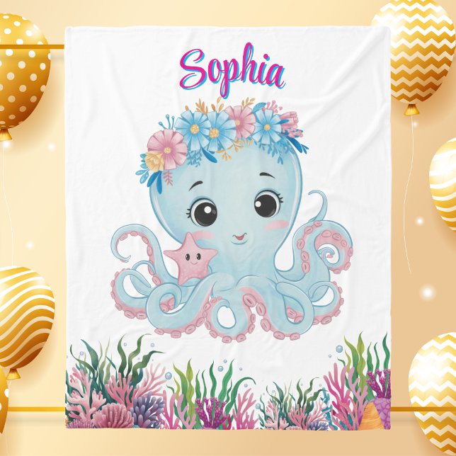 Cute Whimsical Floral Octopus Girly Birthday Gift Fleece Blanket (Creator Uploaded)