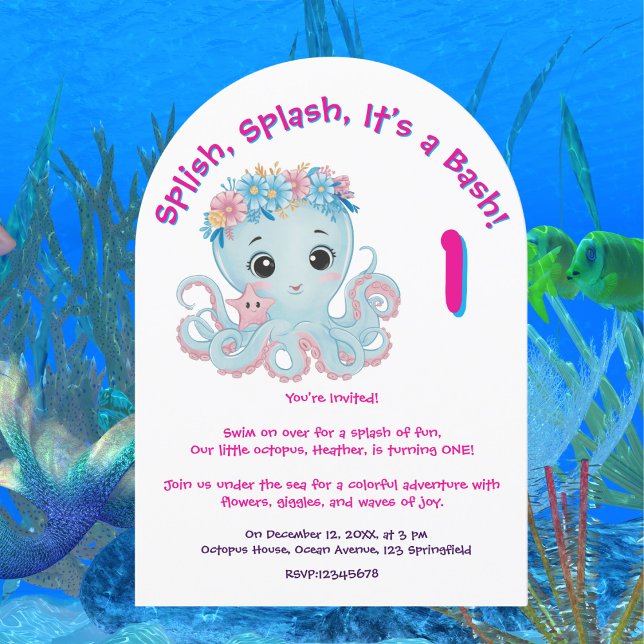 Cute Whimsical Floral Octopus Girly Kids Birthday  Invitation (Creator Uploaded)