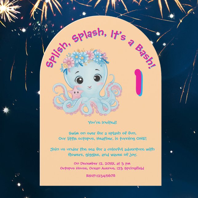 Cute Whimsical Floral Octopus Girly Kids Birthday Invitation (Creator Uploaded)