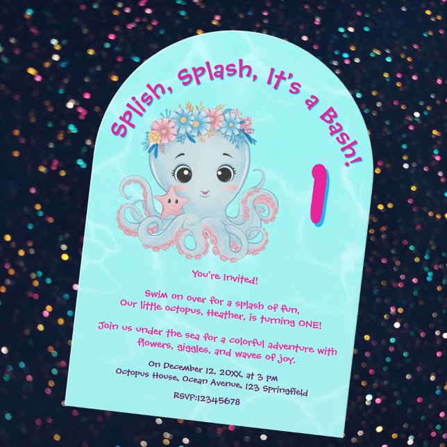 Cute Whimsical Floral Octopus Girly Kids Birthday  Invitation (Creator Uploaded)