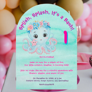 Cute Whimsical Floral Octopus Girly Kids Birthday Invitation