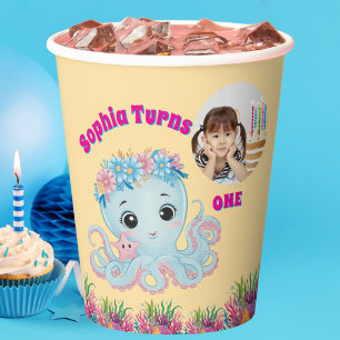 Cute Whimsical Floral Octopus Girly Photo Birthday Paper Cups