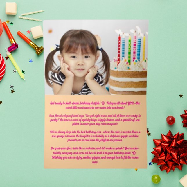 Cute Whimsical Floral Octopus Photo Kids Birthday Foil Greeting Card (Creator Uploaded)