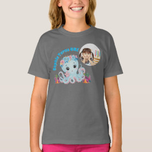 Cute Whimsical Floral Octopus Photo Kids Birthday T-Shirt