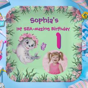 Cute Whimsical Floral Sea Lion Girly Kids Birthday Paper Plate