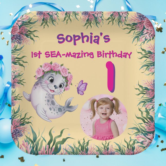 Cute Whimsical Floral Sea Lion Girly Kids Birthday Paper Plate (Creator Uploaded)