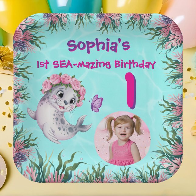 Cute Whimsical Floral Sea Lion Girly Kids Birthday Paper Plate (Creator Uploaded)
