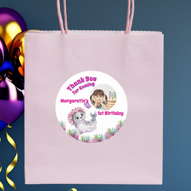 Cute Whimsical Floral Sea Lion Girly Photo  Classic Round Sticker (Creator Uploaded)