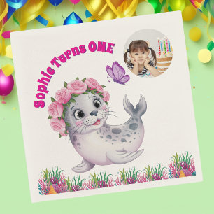 Cute Whimsical Floral Sea Lion Photo Birthday Napkin