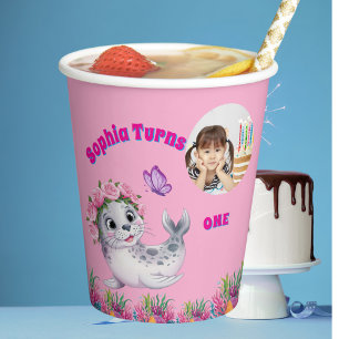 Cute Whimsical Floral Sea Lion Photo Birthday  Paper Cups