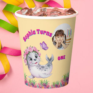 Cute Whimsical Floral Sea Lion Photo Birthday Paper Cups