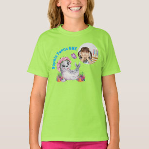 Cute Whimsical Floral Sea Lion Photo Kids Birthday T-Shirt