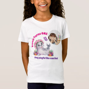 Cute Whimsical Floral Sea Lion Photo Kids Birthday T-Shirt