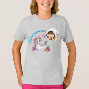 Cute Whimsical Floral Sea Lion Photo Kids Birthday T-Shirt