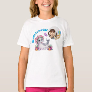 Cute Whimsical Floral Sea Lion Photo Kids Birthday T-Shirt