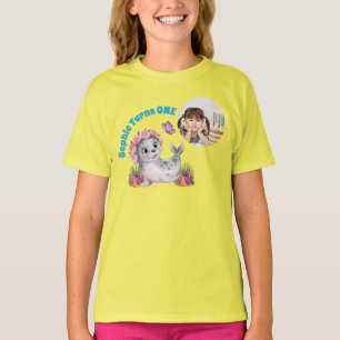 Cute Whimsical Floral Sea Lion Photo Kids Birthday T-Shirt