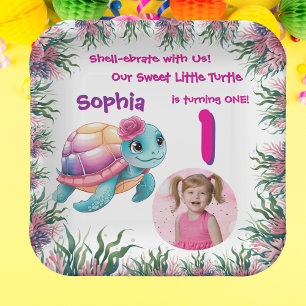 Cute Whimsical Floral Sea Turtle Girly Birthday Paper Plate