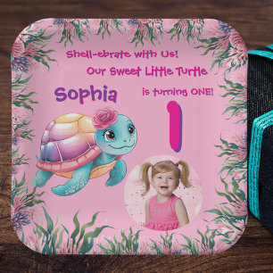 Cute Whimsical Floral Sea Turtle Girly Birthday Paper Plate