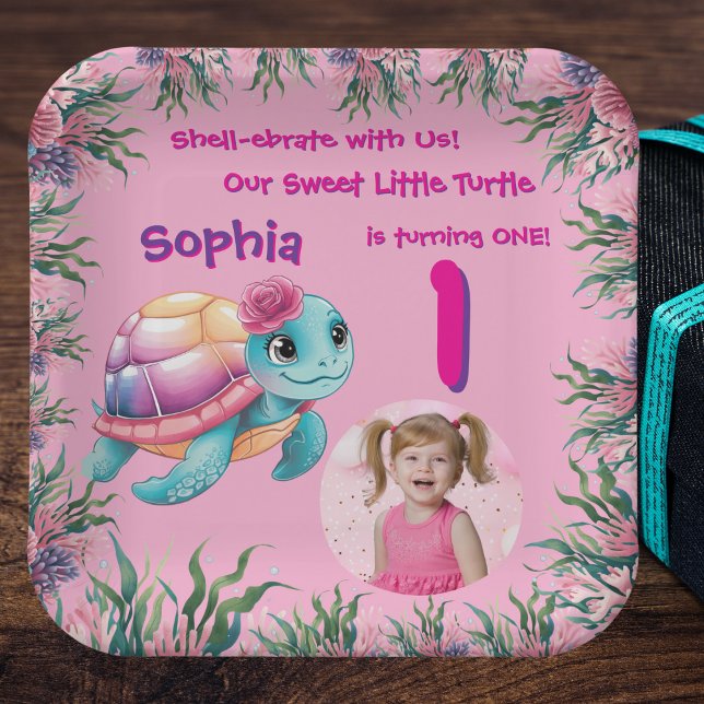 Cute Whimsical Floral Sea Turtle Girly Birthday Paper Plate (Creator Uploaded)