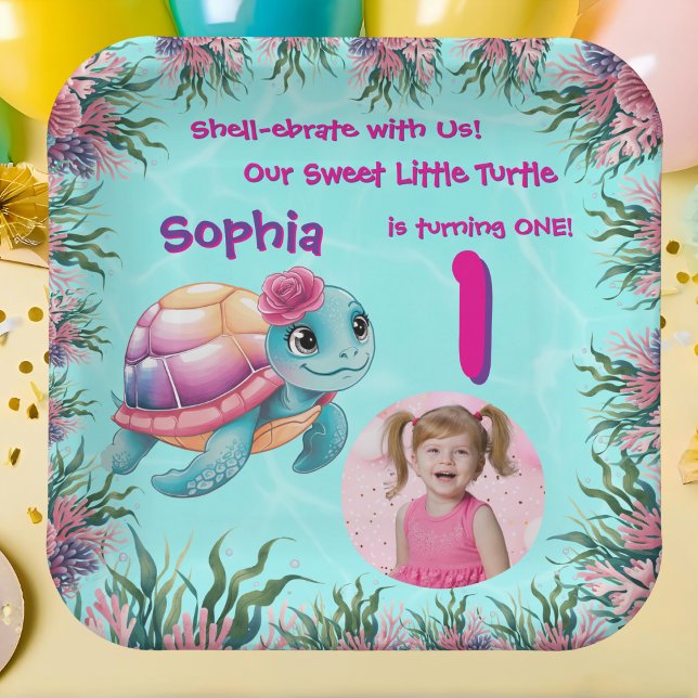 Cute Whimsical Floral Sea Turtle Girly Birthday Paper Plate (Creator Uploaded)