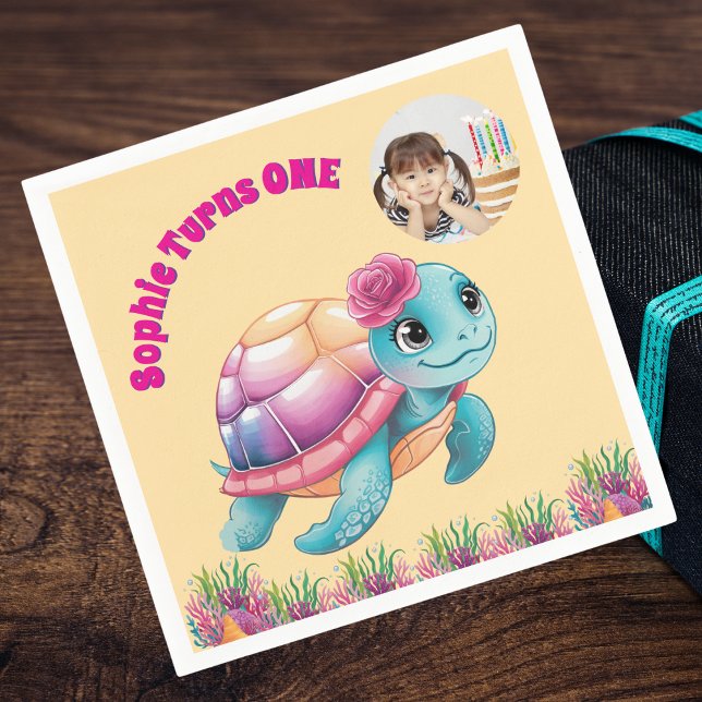 Cute Whimsical Floral Sea Turtle Photo Birthday Napkin (Creator Uploaded)