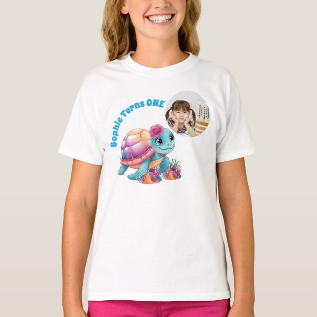 Cute Whimsical Floral Sea Turtle Photo Birthday T-Shirt (Front)