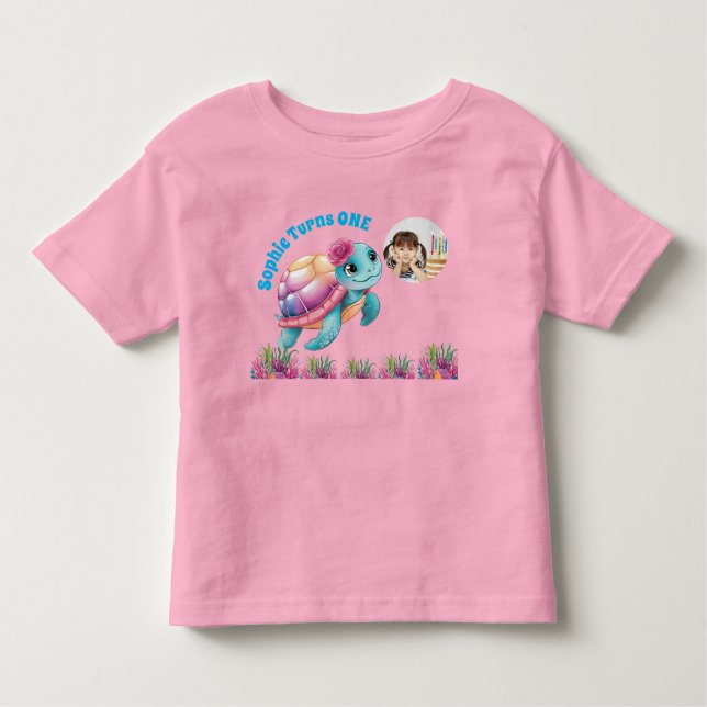 Cute Whimsical Floral Sea Turtle Photo Birthday Toddler T-Shirt (Front)