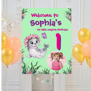 Cute Whimsical Floral Sealion Birthday Welcome  Poster