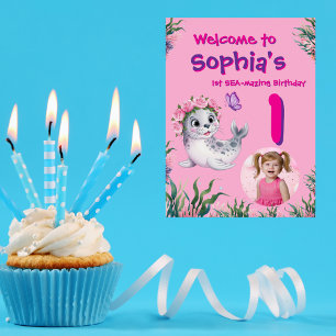 Cute Whimsical Floral Sealion Birthday Welcome  Poster