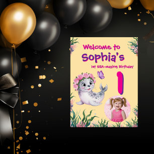 Cute Whimsical Floral Sealion Birthday Welcome  Poster