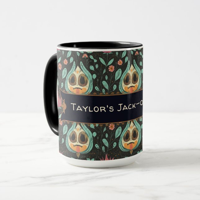 Cute Whimsical Floral Skull Custom Halloween Mug (Front Left)