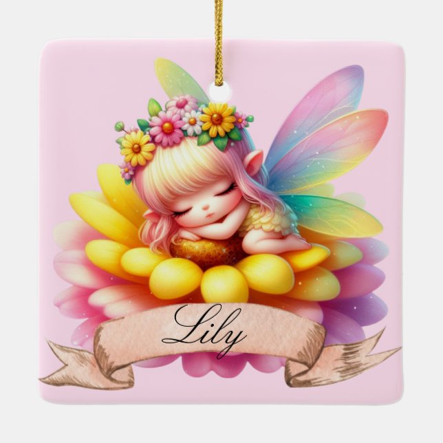 Cute Whimsical Floral Sweet Dreams Sleeping Fairy Ceramic Ornament (Back)