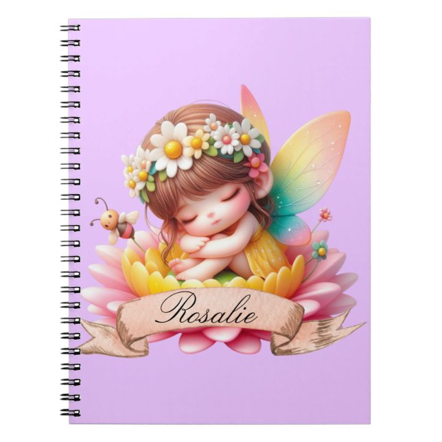 Cute Whimsical Floral Sweet Dreams Sleeping Fairy Notebook (Front)