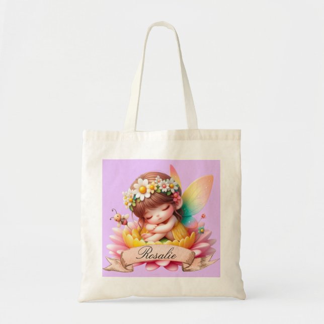Cute Whimsical Floral Sweet Dreams Sleeping Fairy Tote Bag (Front)