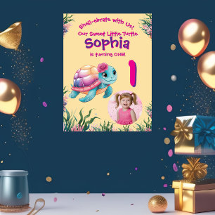 Cute Whimsical Floral Turtle Birthday Welcome  Poster