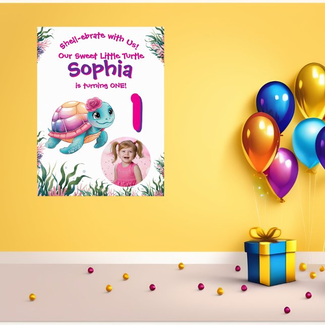 Cute Whimsical Floral Turtle Birthday Welcome  Poster (Creator Uploaded)