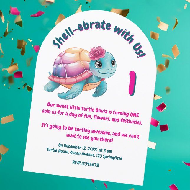 Cute Whimsical Floral Turtle Girly Kids Birthday  Invitation (Creator Uploaded)