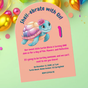 Cute Whimsical Floral Turtle Girly Kids Birthday  Invitation