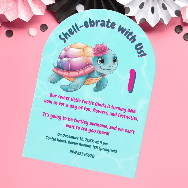 Cute Whimsical Floral Turtle Girly Kids Birthday Invitation (Creator Uploaded)