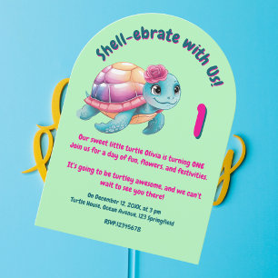 Cute Whimsical Floral Turtle Girly Kids Birthday  Invitation