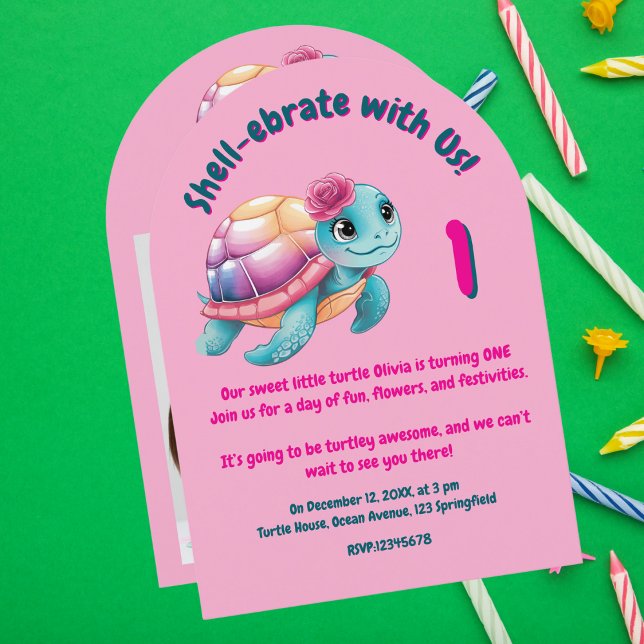 Cute Whimsical Floral Turtle Girly Kids Birthday  Invitation (Creator Uploaded)