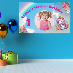 Cute Whimsical Floral Unicorn Girly 1st Birthday Banner