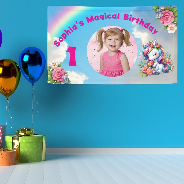 Cute Whimsical Floral Unicorn Girly 1st Birthday  Banner (Creator Uploaded)