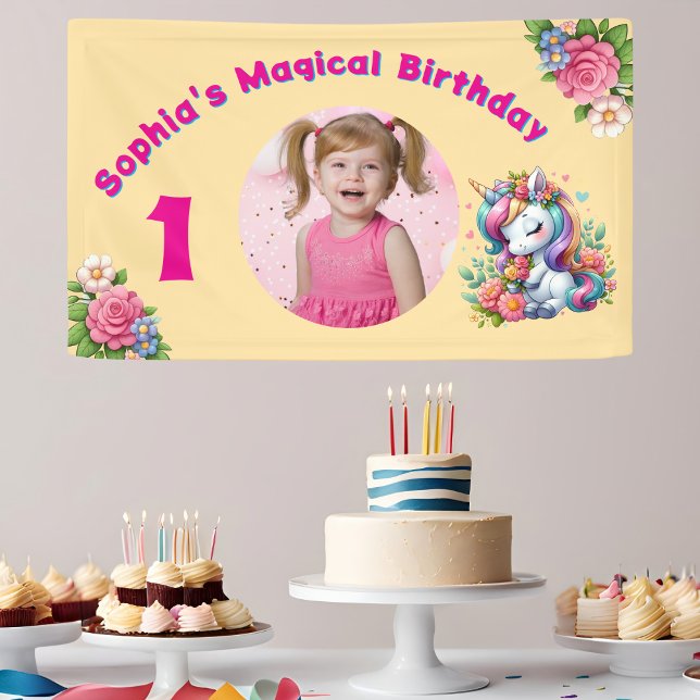 Cute Whimsical Floral Unicorn Girly 1st Birthday  Banner (Creator Uploaded)