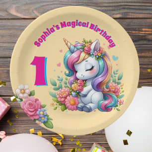 Cute Whimsical Floral Unicorn Girly 1st Birthday Paper Plate