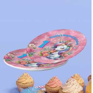 Cute Whimsical Floral Unicorn Girly 1st Birthday  Paper Plate