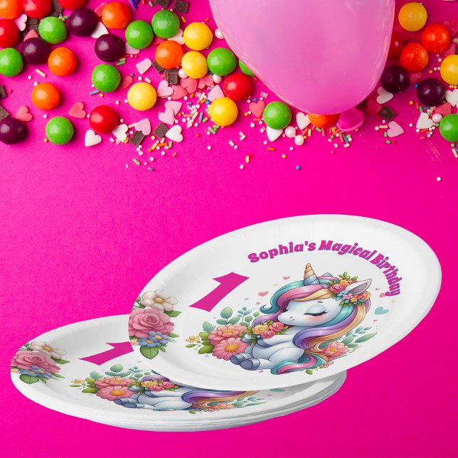 Cute Whimsical Floral Unicorn Girly 1st Birthday  Paper Plate (Creator Uploaded)