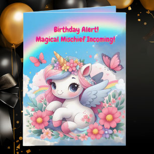 Cute Whimsical Floral Unicorn Girly Kids Birthday  Card